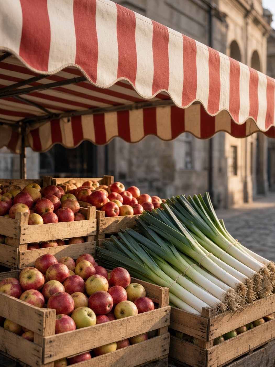 Marktstand unter einem gestreiften Tuch